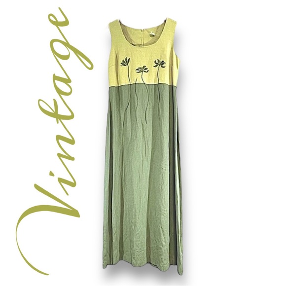 Vintage Light Green & Citron Palm Tree Embroidered Sleeveless Maxi Dress SZ 6 - Picture 1 of 10